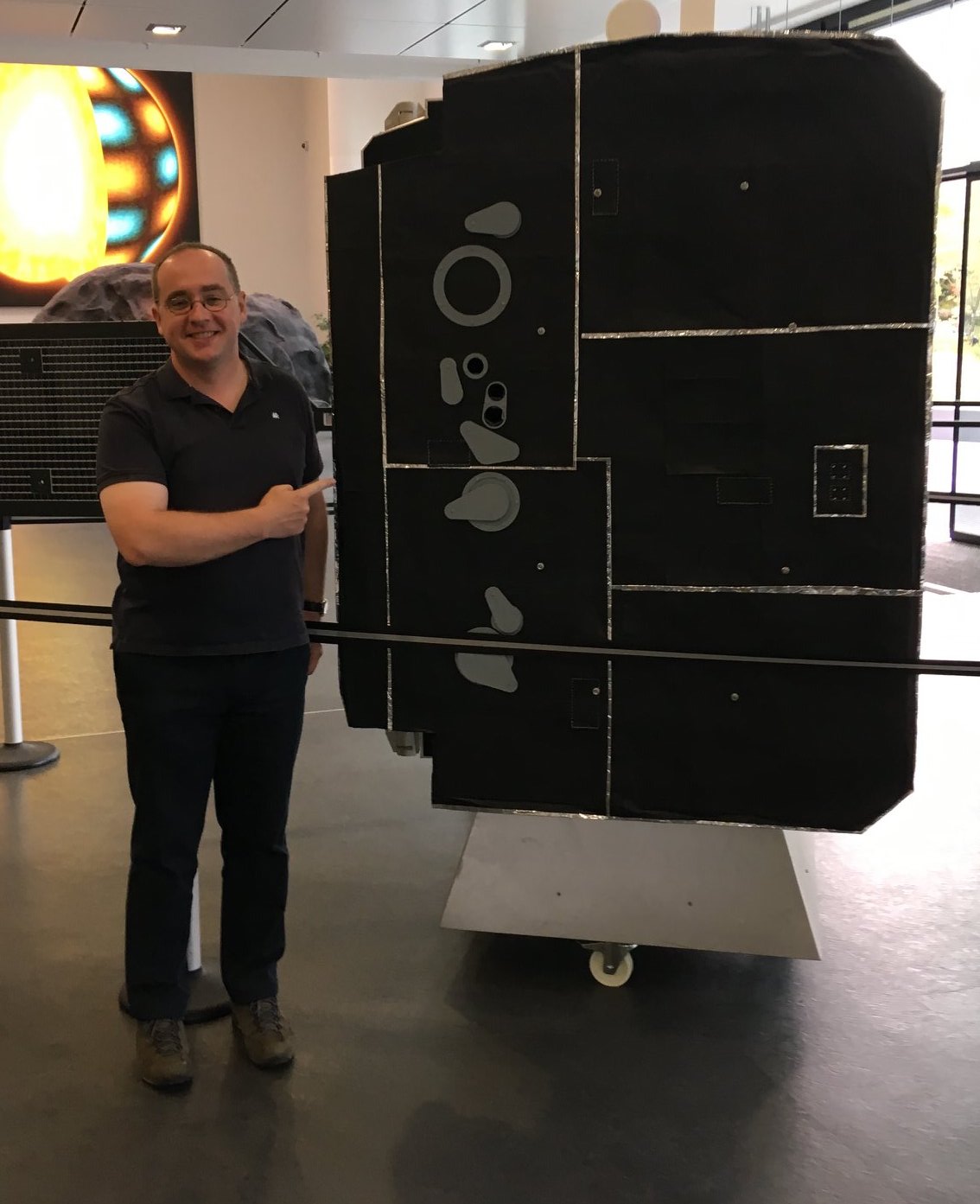 Koen points to the EUI doors on the Solar Orbiter model on display in MPS.