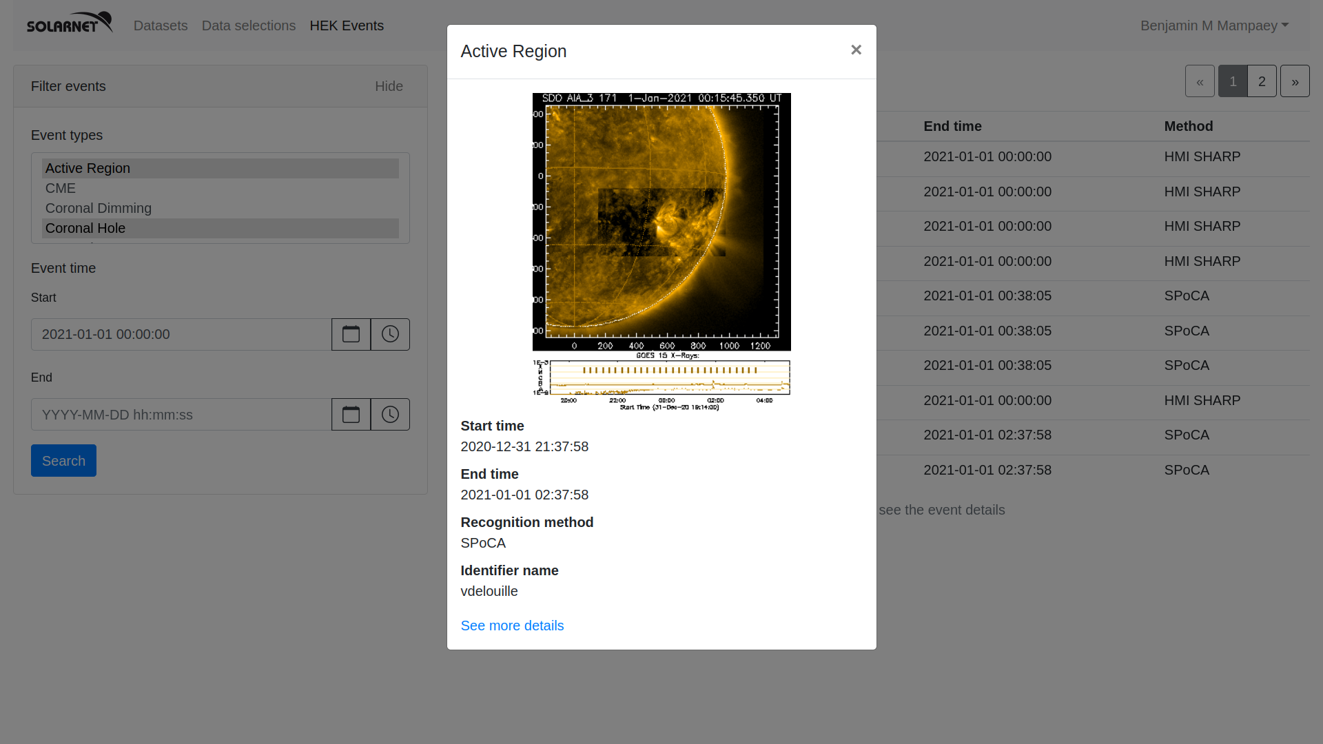 The SVO Web client: searching by solar event