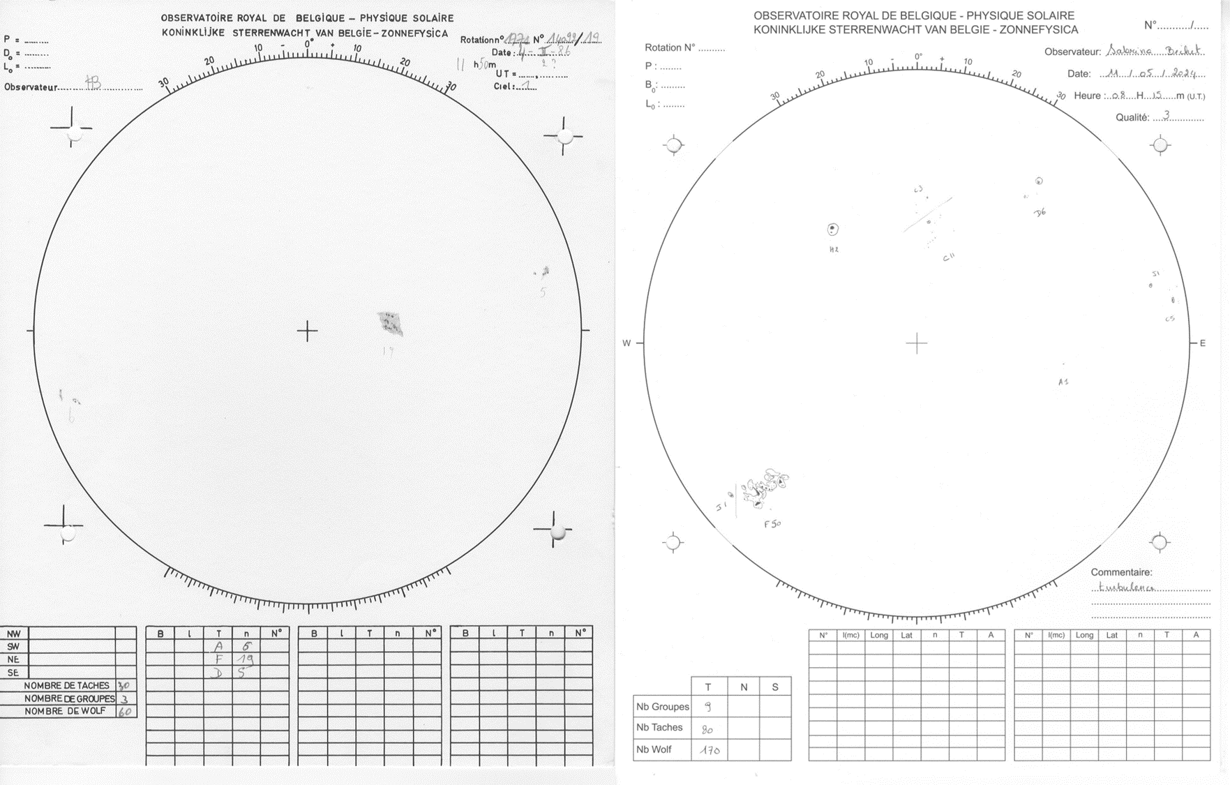 The solar drawings underneath were made by solar observers from SILSO on 4 February 1986 (left) and 11 May 2024 (right), when the sunspot numbers were resp. 66 and 162.